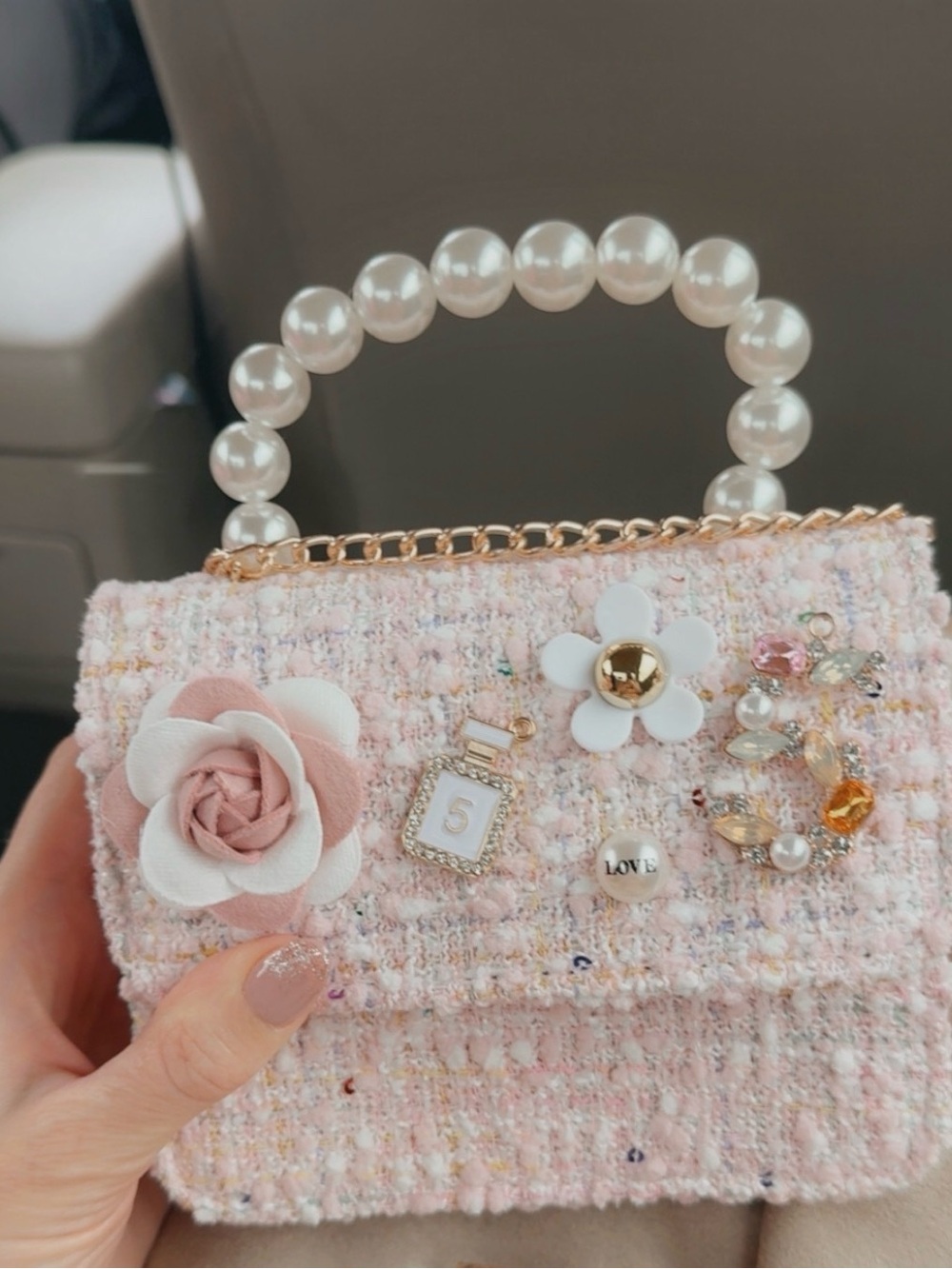 Pearl-Handle Pink Tweed Mini Handbag - Chic Floral Accent